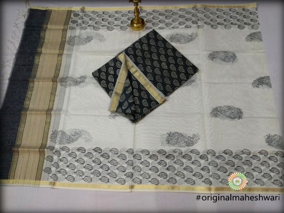 Maheshwari Black Printed Top And White  Dupatta Material