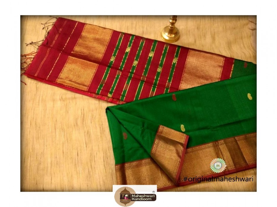 Maheshwari Dark Green Heavy Pallu Bootie Weaving Saree