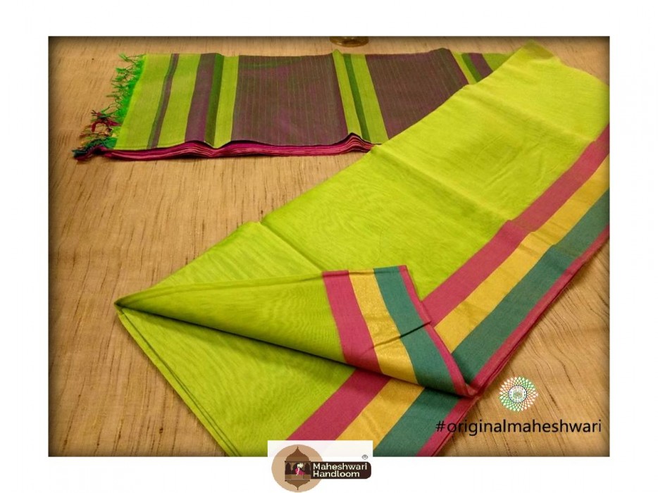 Handwoven Maheshwari  Parrote Green Saree