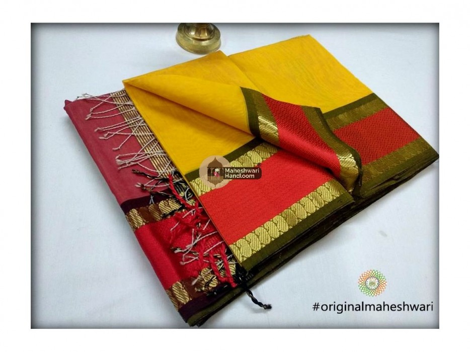 Maheshwari Yellow Keri buti Border Saree