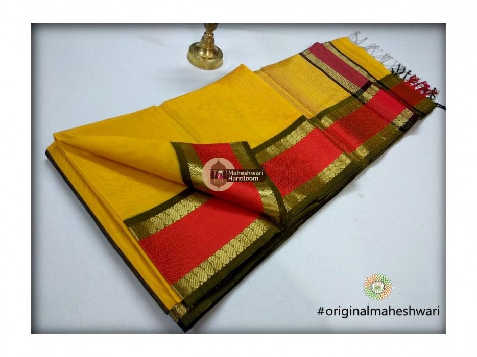 Maheshwari Yellow Keri buti Border Saree