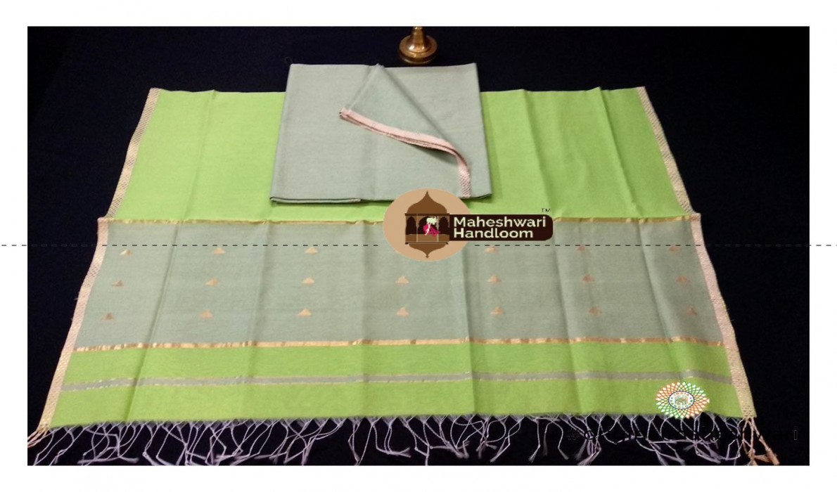 Maheshwari Grey -Light Green  With Kosa  Top  Dupatta