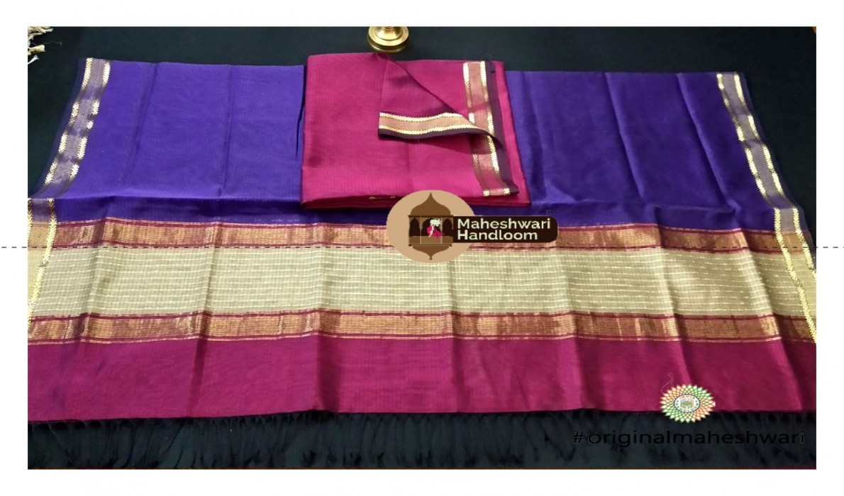 Maheshwari Pink - Blue With Kosa  Top  Dupatta