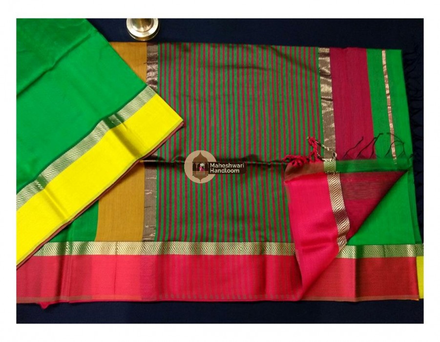 Maheshwari Dark Green Ganga Jamuna saree