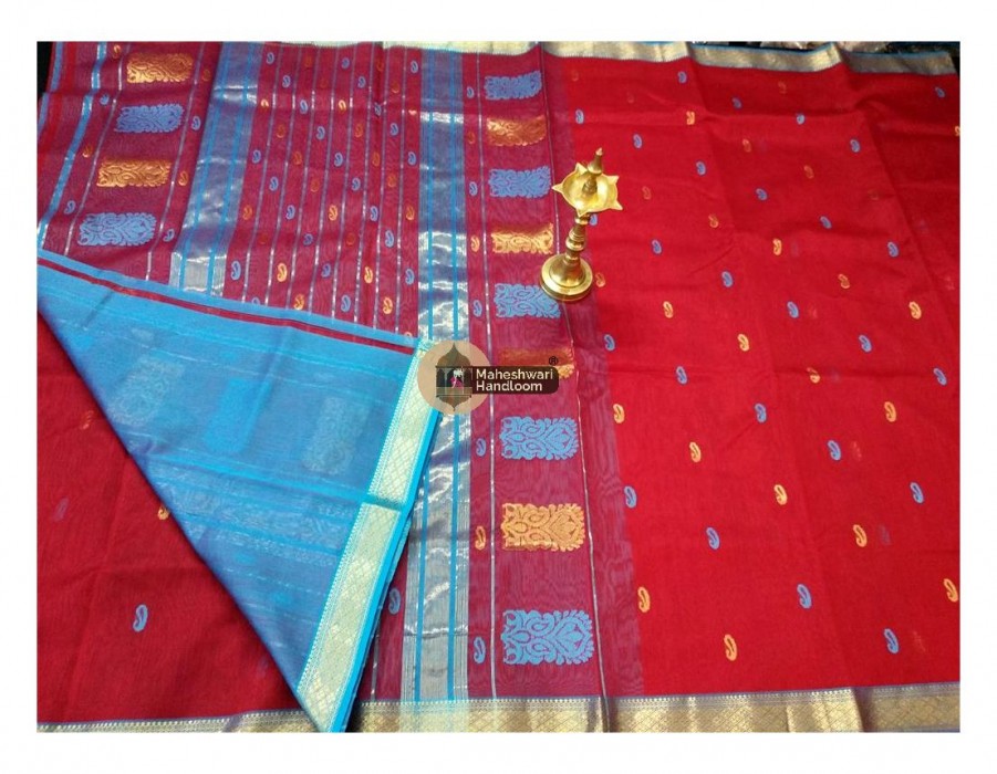 Maheshwari Red Buti Weave Jari Border Saree