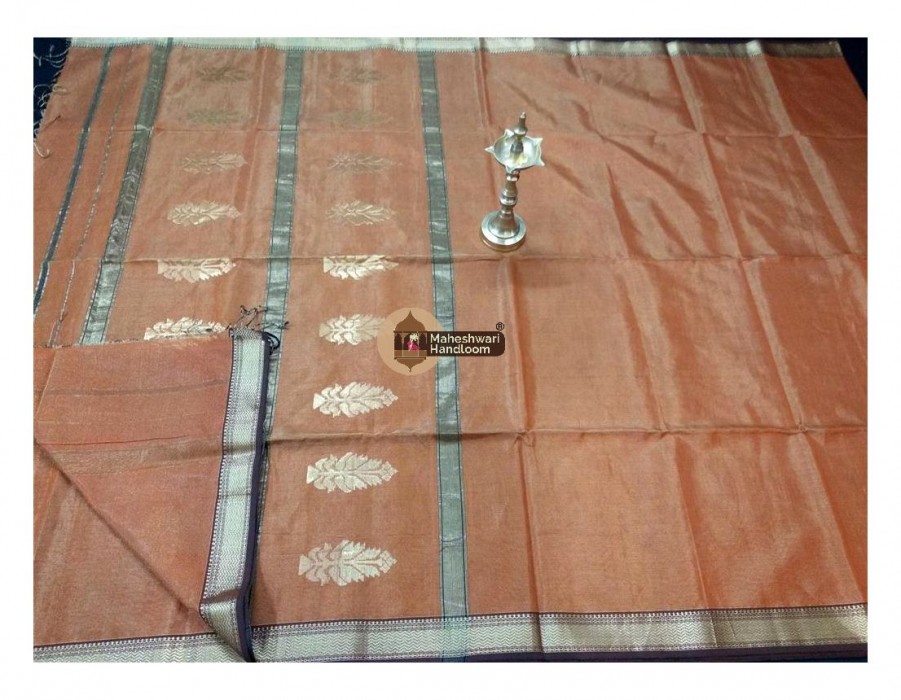 Maheshwari Orange  Tissue Buta Pallu Weaving Saree