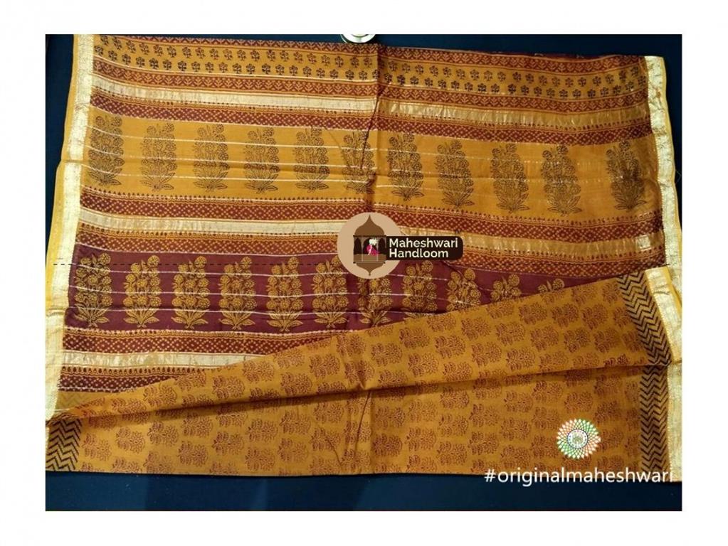 Maheshwari Mustard Yellow Bagh Print Saree