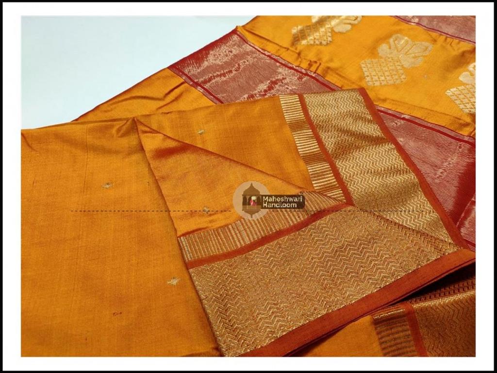Maheshwari Golden Yellow Pure Silk Saree with Buta Buti Weaving