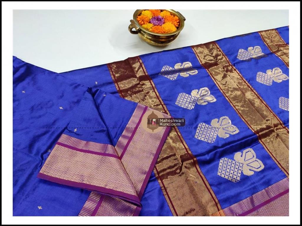 Maheshwari Blue Pure Silk Saree With Buta Buti Weaving