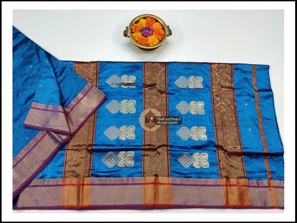 Maheshwari Firozi Pure Silk Saree With Buta Buti Weaving