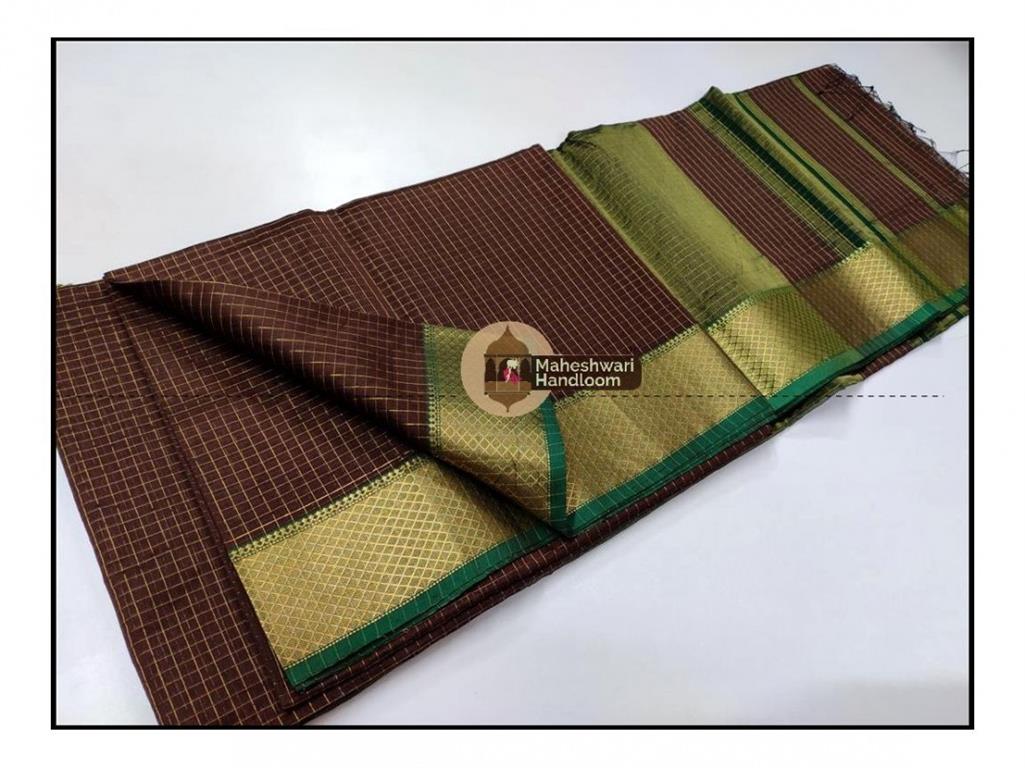 Maheshwari chocolate Brown Jari Checkered Weaving Saree