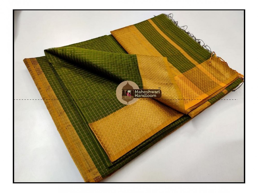 Maheshwari  Green Jari Checkered Weaving Saree