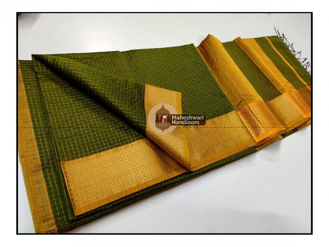 Maheshwari  Green Jari Checkered Weaving Saree