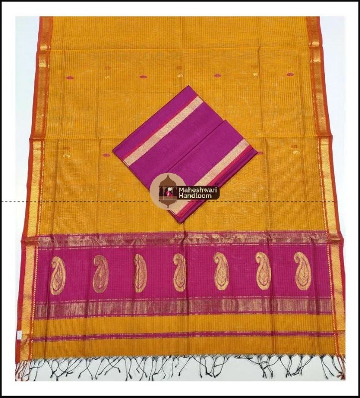 Maheshwari Pink-Yellow Buta Buti Weaving Top Dupatta Material