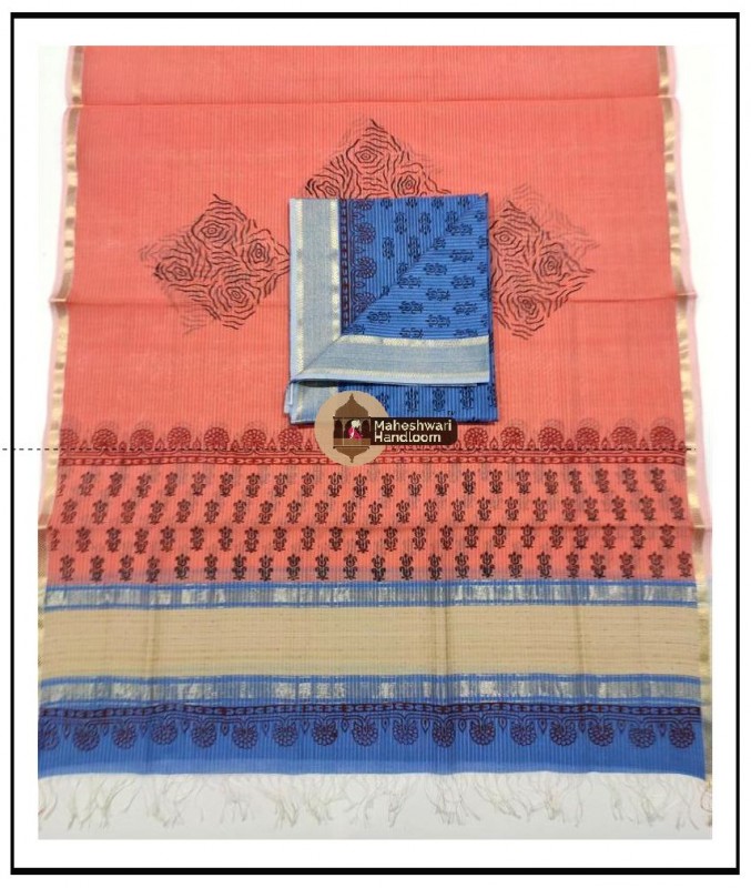 Maheshwari Blue- Orange Handblock Printed Suit