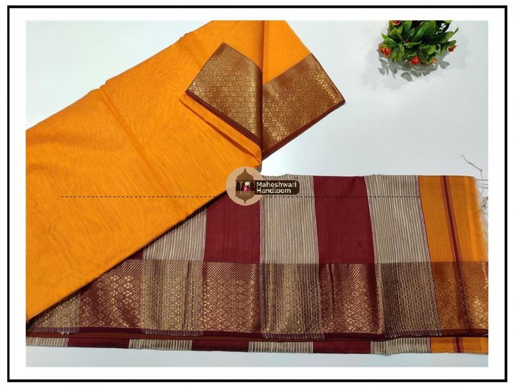 Maheshwari Orange zari Flower Border saree