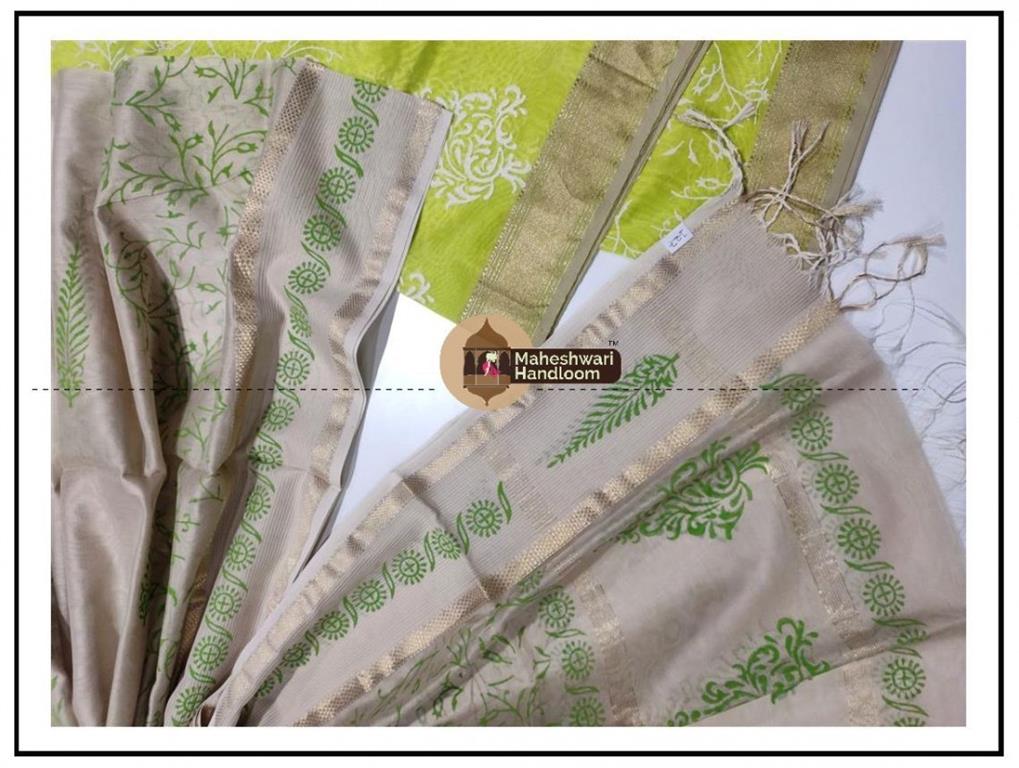 Maheshwari Green -white Pink Handblock Printed Suit