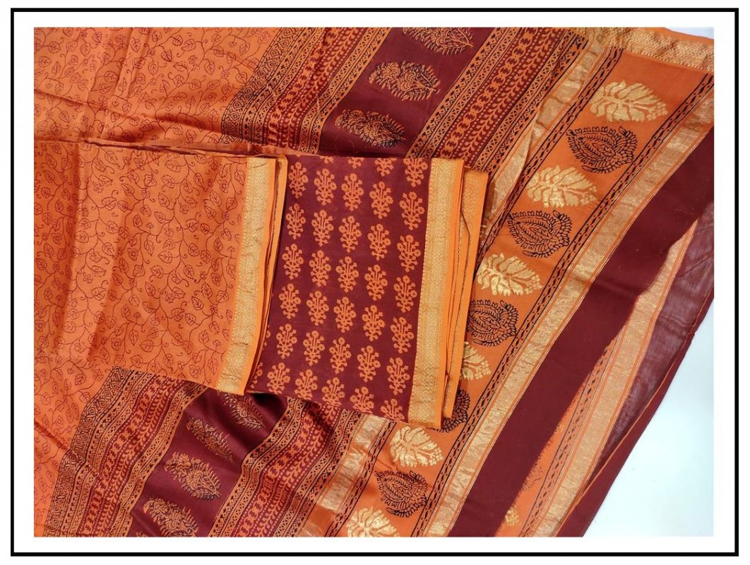 Maheshwari Pure Handwoven Silk Cotton Bagh Handblock Printed Suits with Zari Border (Bottom include)