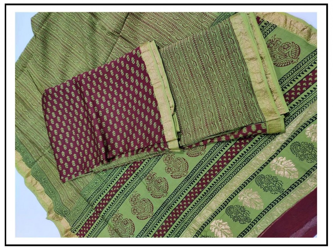 Maheshwari Pure Handwoven Silk Cotton Bagh Handblock Printed Suits with Zari Border (Bottom include)