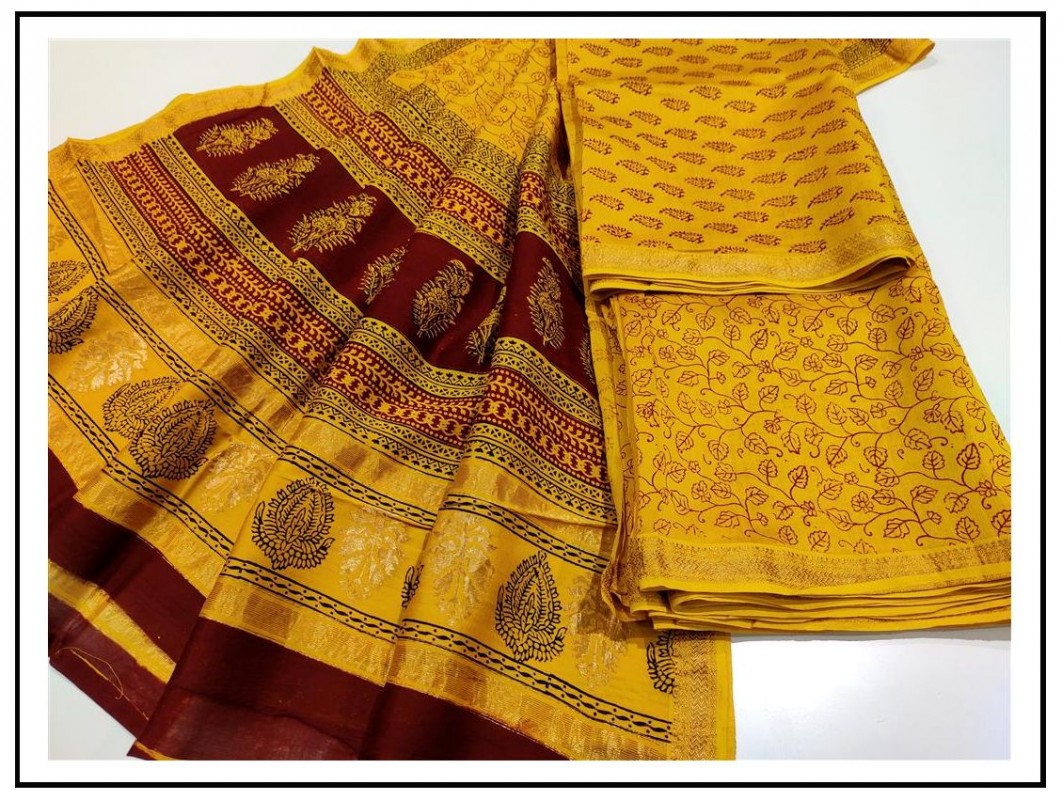 Maheshwari Pure Handwoven Silk Cotton Bagh Handblock Printed Suits with Zari Border (Bottom include)