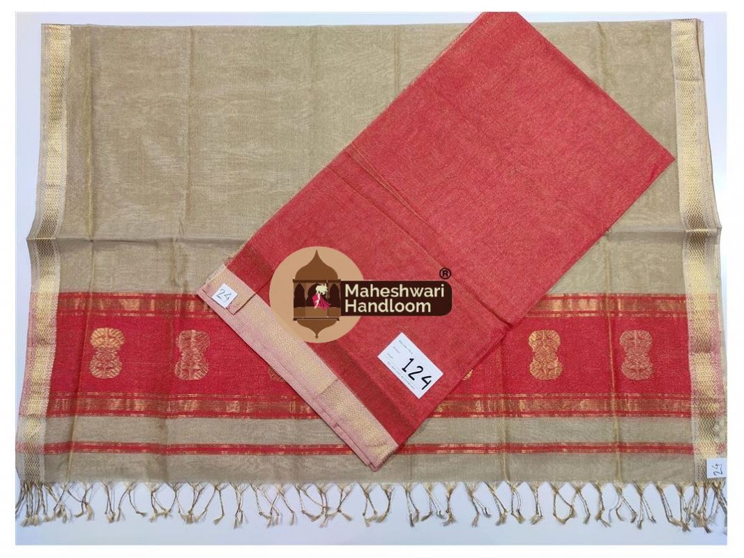 Maheshwari Red-Tussar Yellow Tissue Dress Material