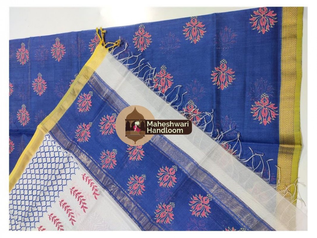 Maheshwari Royal Blue -White Handblock Printed Suit 