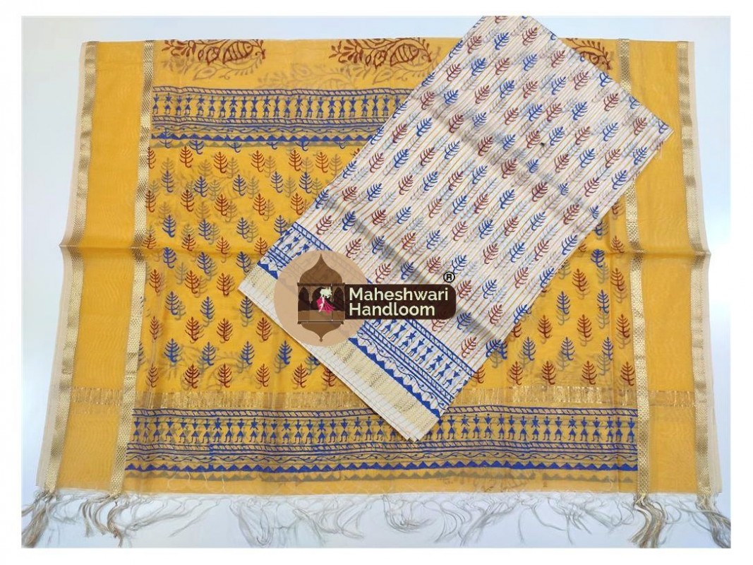 Maheshwari White -Yellow Handblock Printed Suit