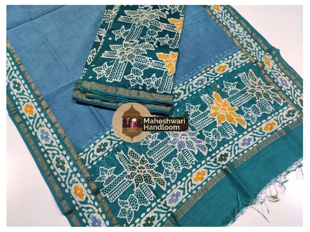 Maheshwari German Blue-Rama Green Batik Print Dress Material