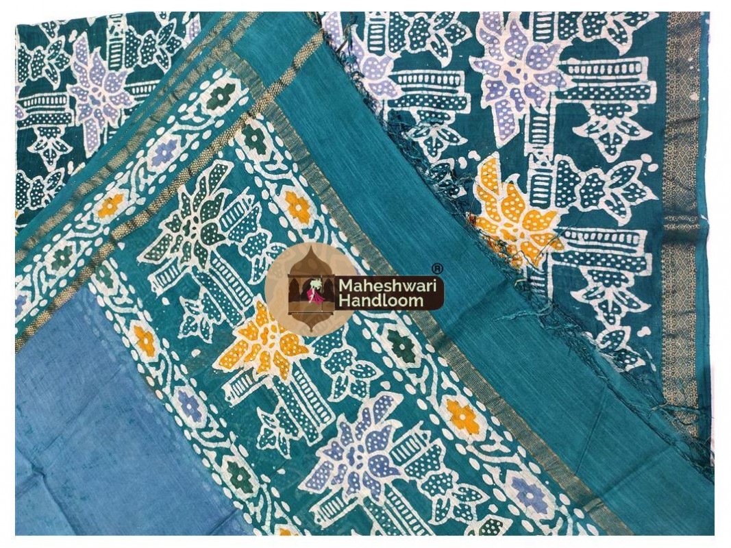 Maheshwari German Blue-Rama Green Batik Print Dress Material