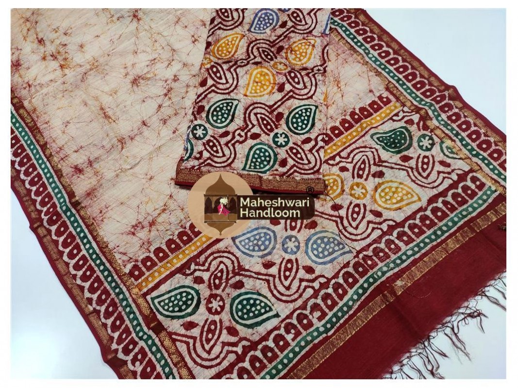Maheshwari Offwhite Batik Print Dress Material