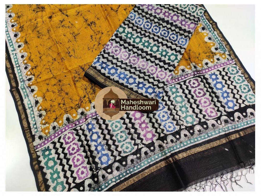 Maheshwari White-Yellow Batik Print Dress Material