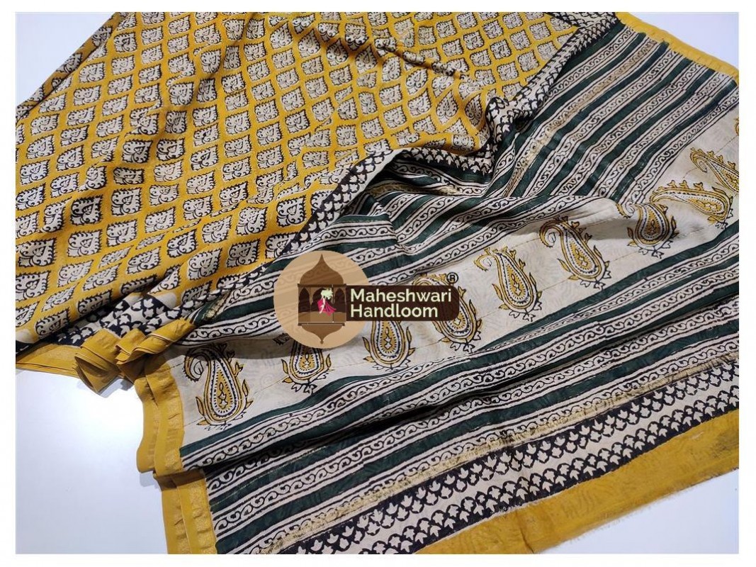 Maheshwari Yellow Bagru Print saree