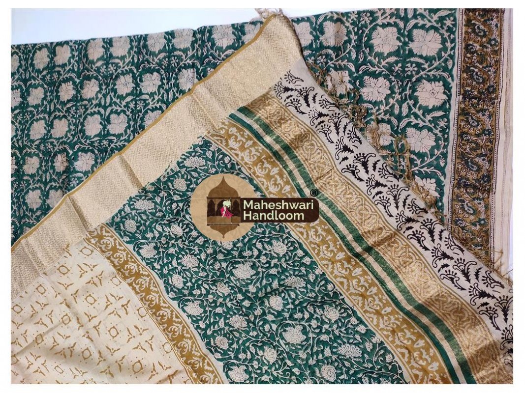 Maheshwari Rama Green-Tussarwhite Bagru Print Dress Material