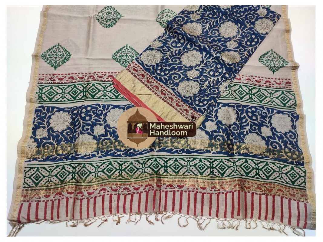 Maheshwari German Blue-Tussarwhite Bagru Print Dress Material
