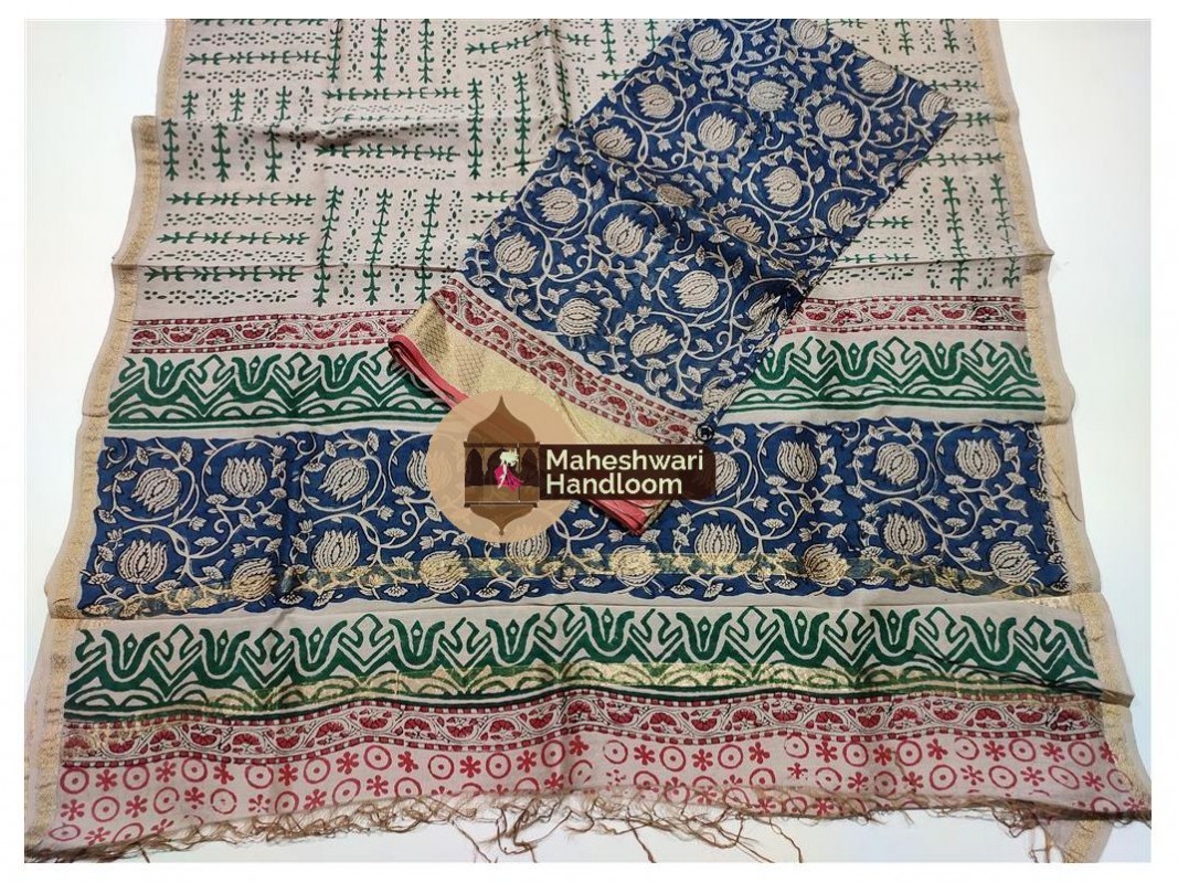 Maheshwari German Blue-Tussarwhite Bagru Print Dress Material