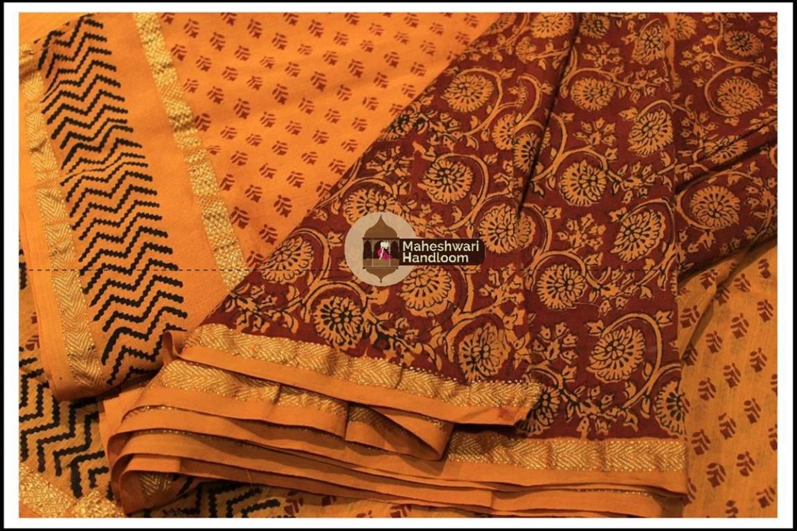 Maheshwari Maroon Red-Mustard Yellow Bagh print Silk Cotton Suits