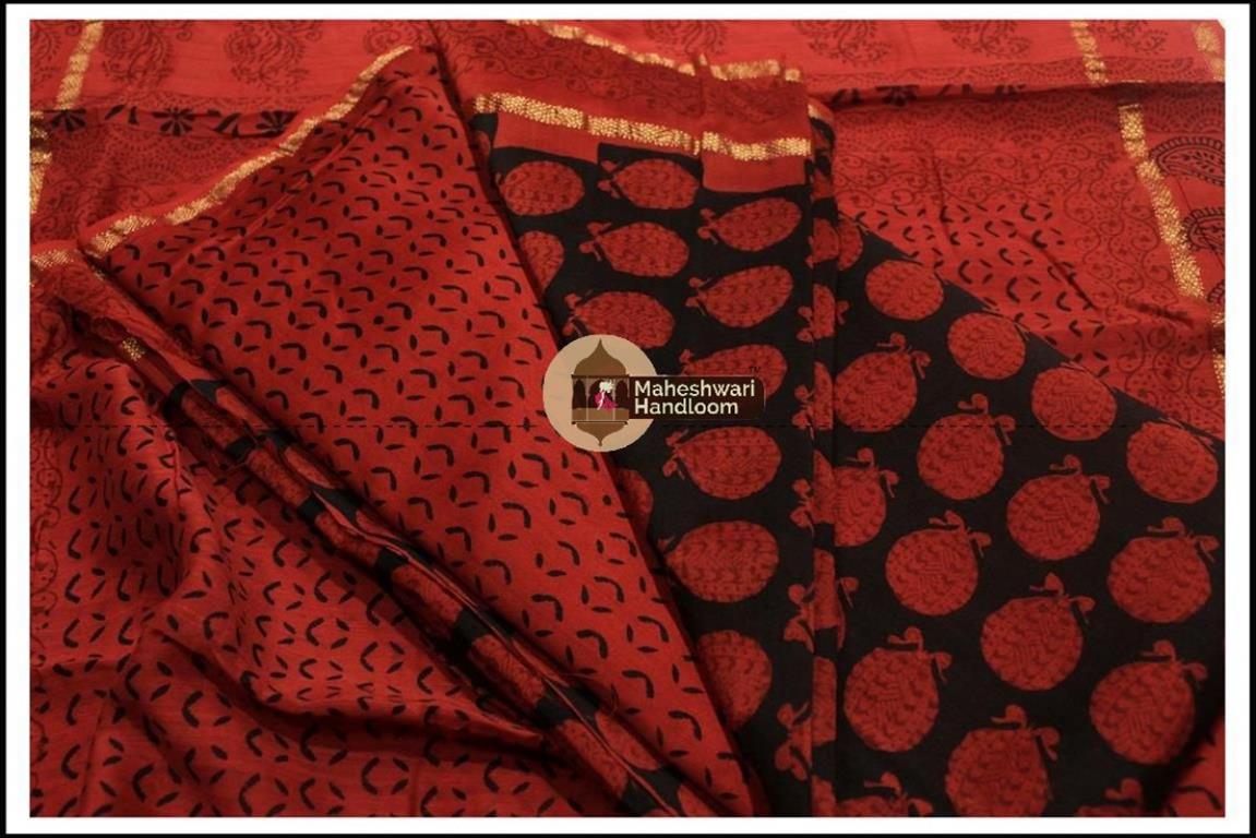 Maheshwari Black -Chukandar  Red Bagh print Silk Cotton Suits