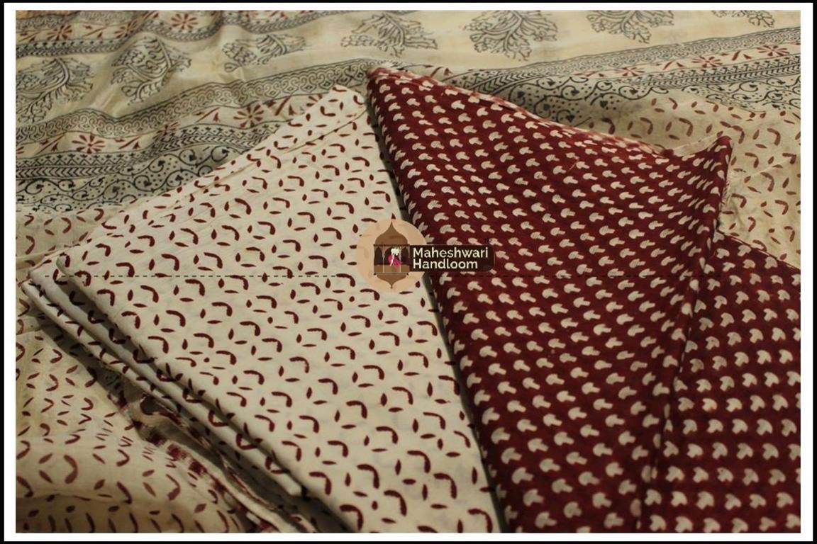 Maheshwari Maroon Red -White  Red Bagh print Silk Cotton Suits