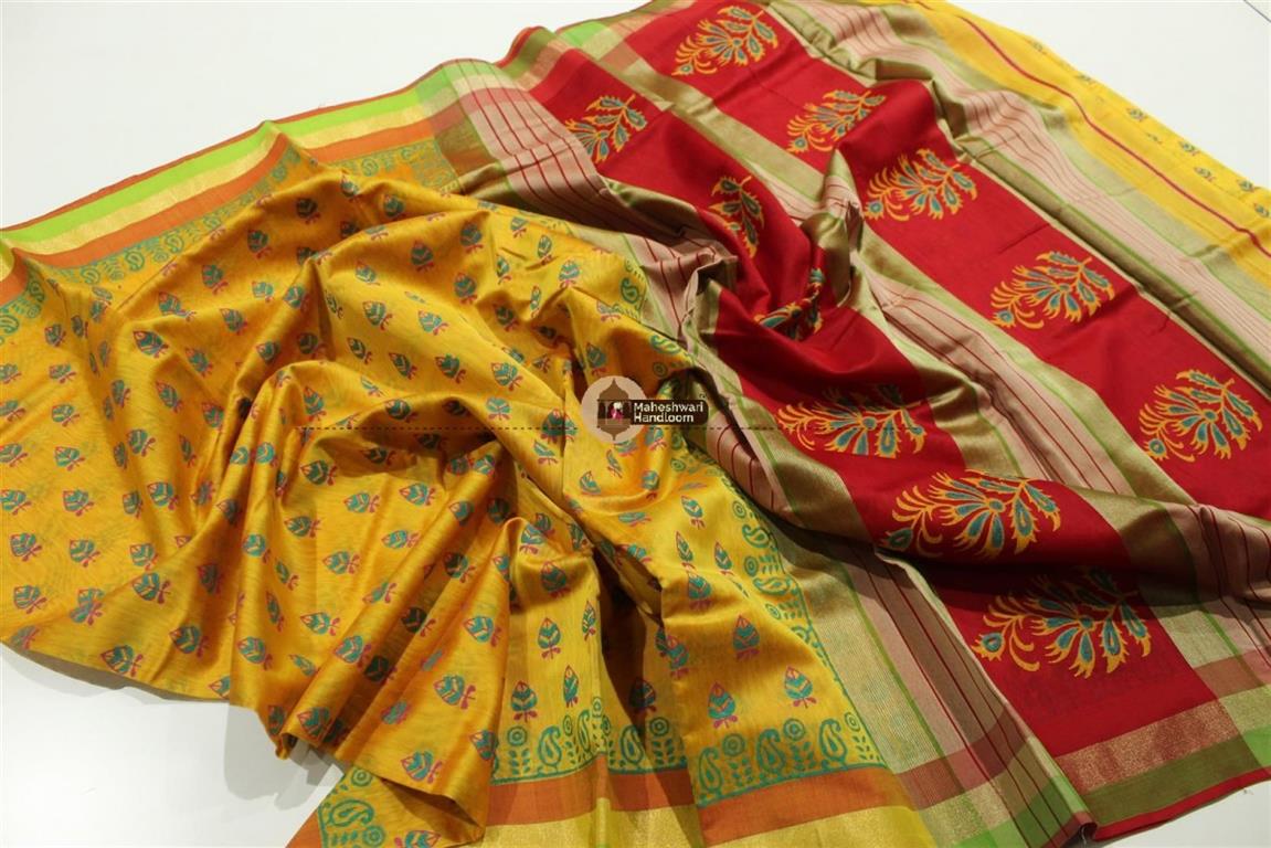 Maheshwari Yellow Handblock Printed Saree