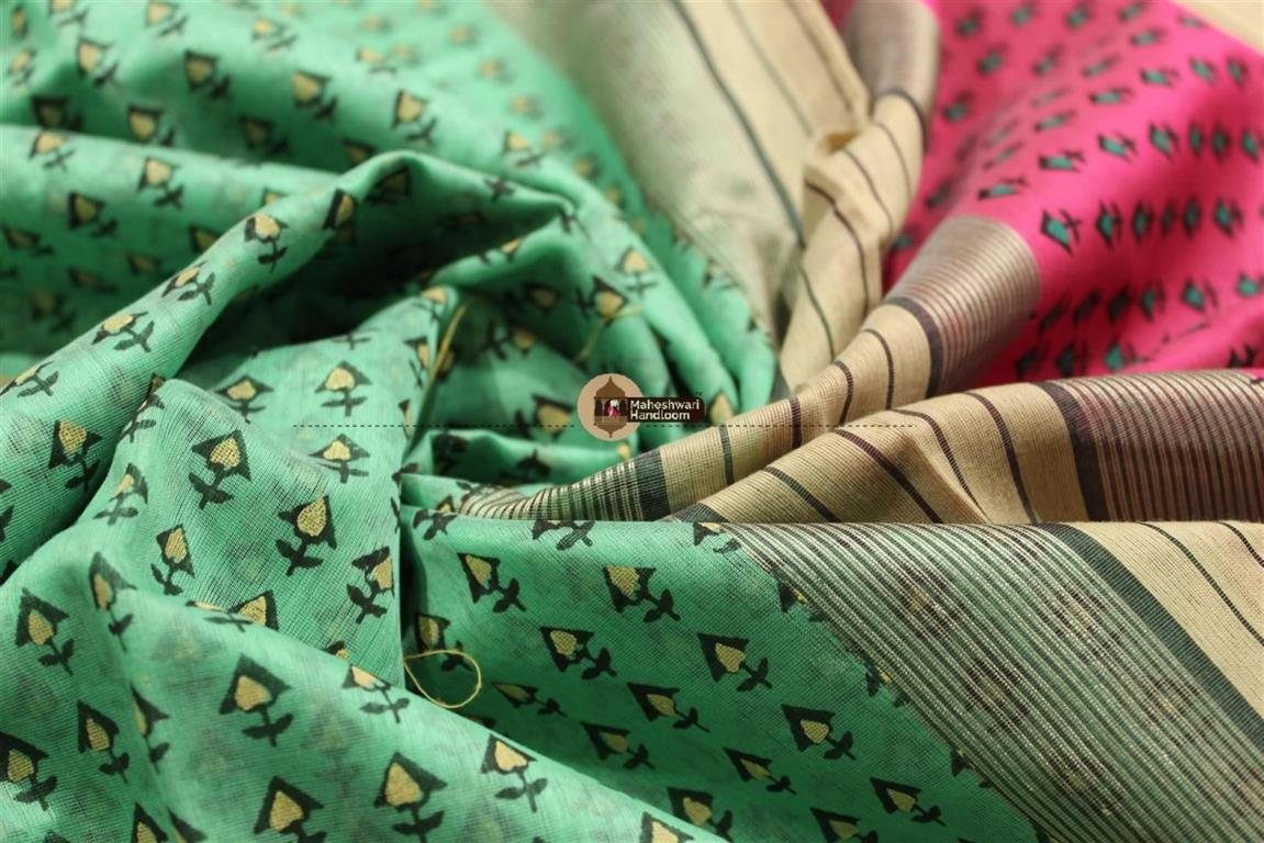 Maheshwari Sea Green Handblock Printed Saree 