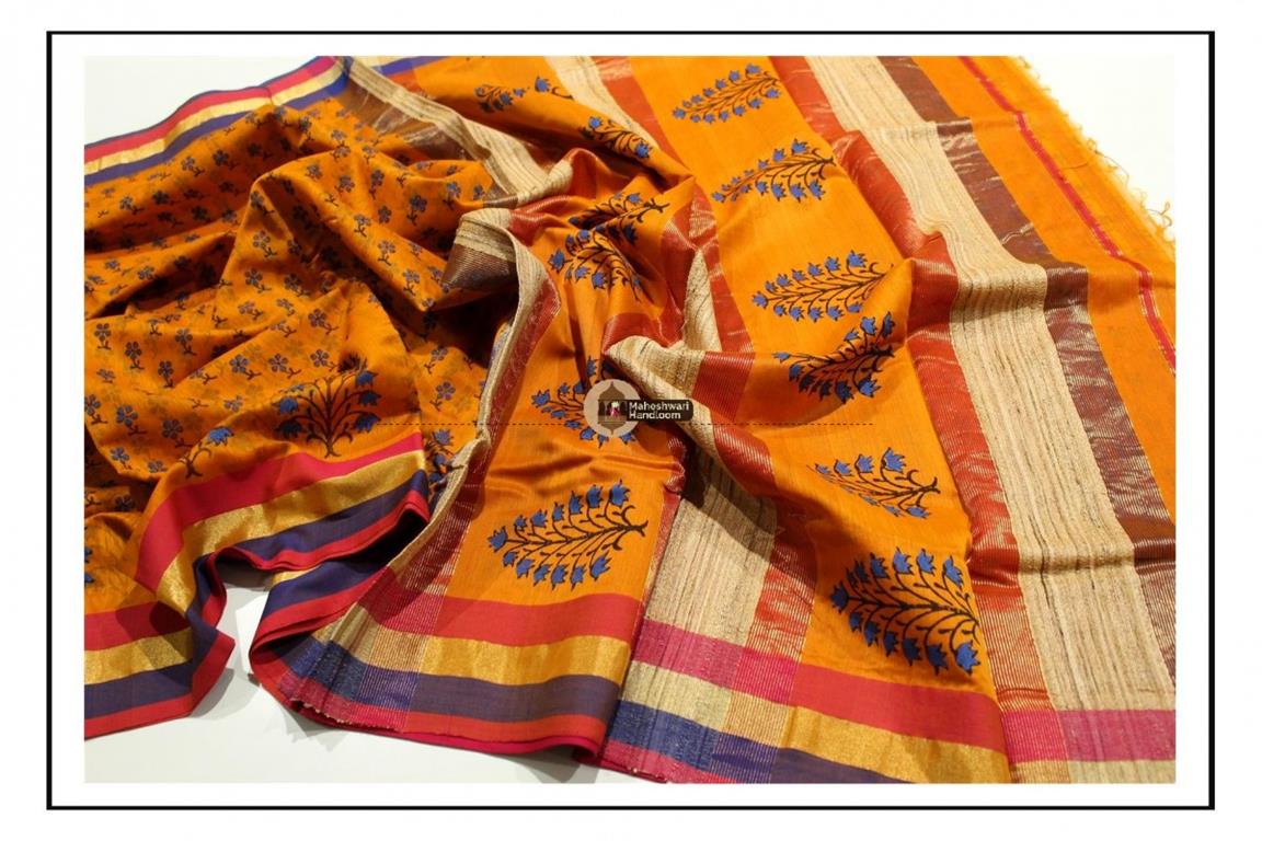 Maheshwari Orange Handblock Printed Saree