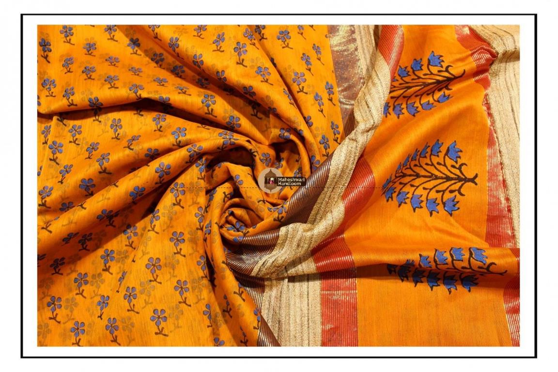Maheshwari Orange Handblock Printed Saree