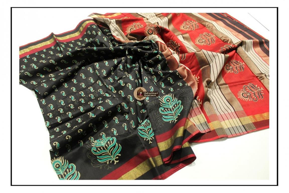 Maheshwari Black Handblock Printed Saree