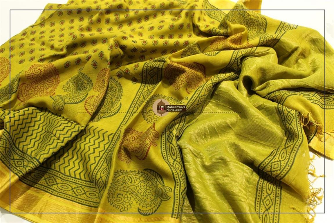 Maheshwari Mehandi Green Handblock Printed Saree