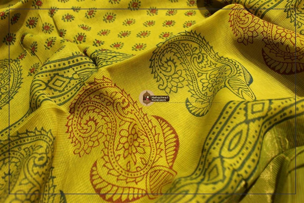 Maheshwari Mehandi Green Handblock Printed Saree