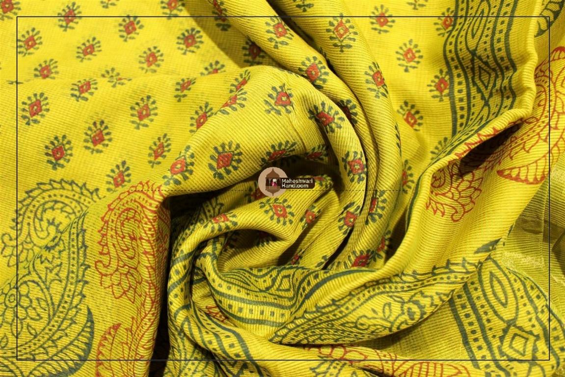 Maheshwari Mehandi Green Handblock Printed Saree