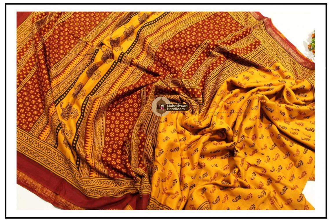 Maheshwari Golden Yellow Bagh Print Saree 