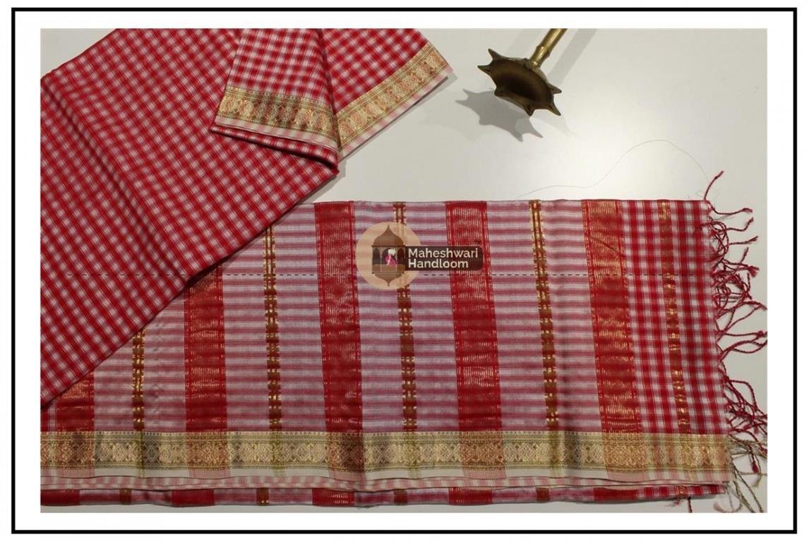  Maheshwari Red Garbh Reshmi Saree