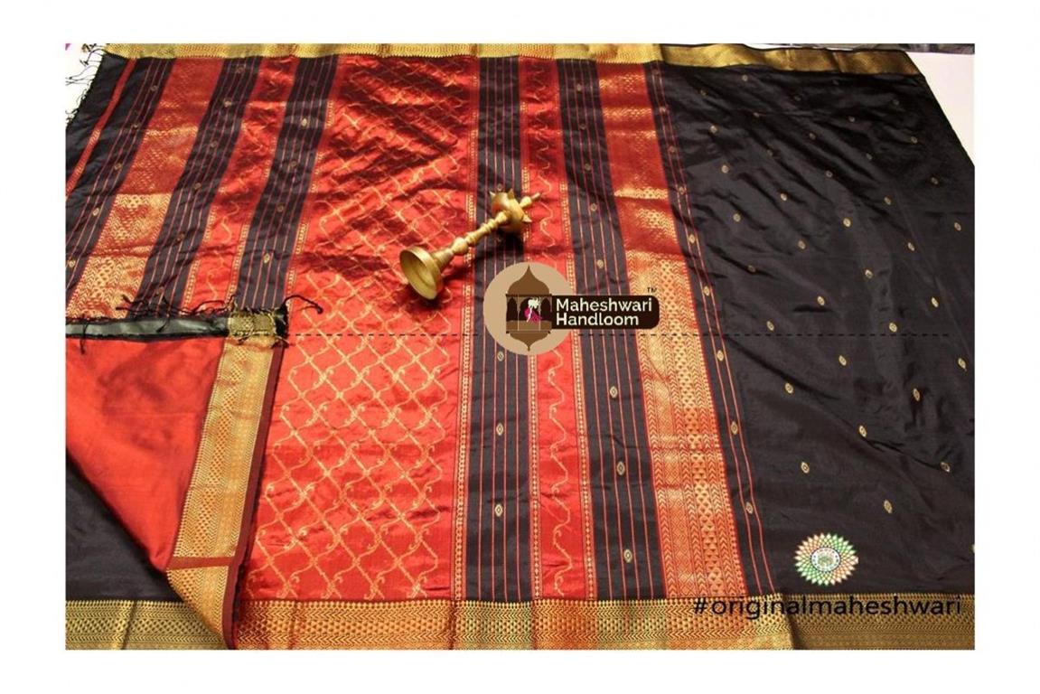 Maheshwari Black Pure Silk Saree