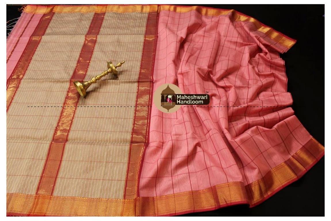 Maheshwari Dark Pink Self Checks Body Saree